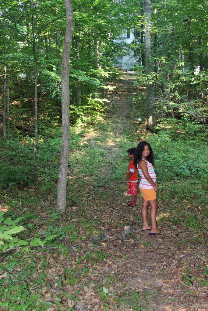 Aidan & Bella on path to creek.